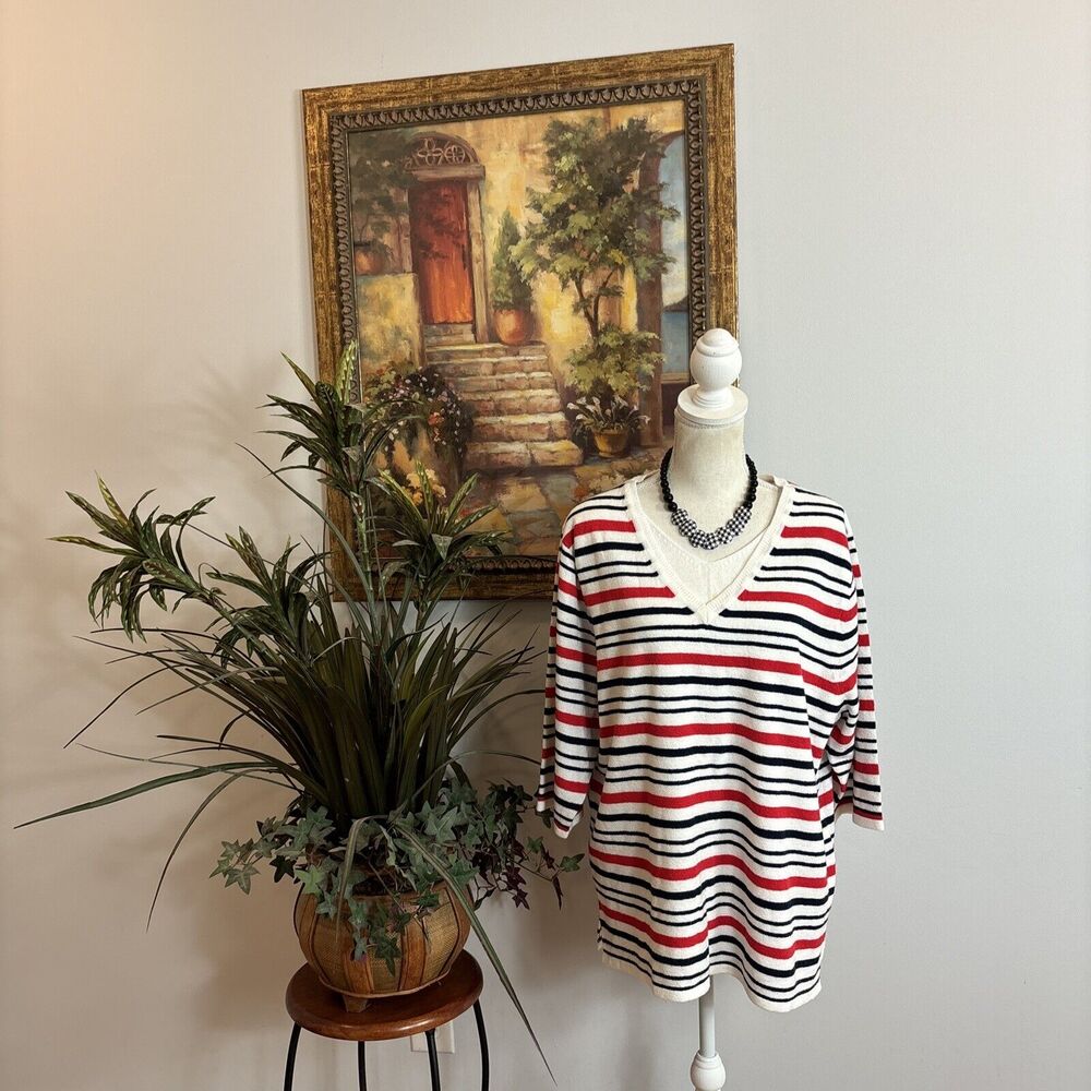 White Stag Women’s XL (16/18) Long Sleeve T-Shirt Top Stripe Short Sleeve V-Neck